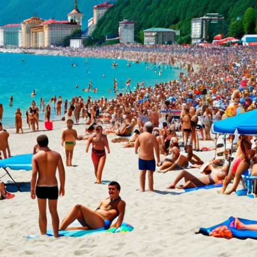 Home 4 ** A crowded beach scene in Sochi during peak summer season, with people sunbathing, swimming, and playing volleyball. Focus on the vibrant colors and lively atmosphere.
**