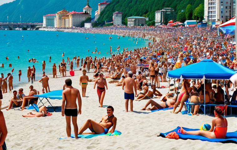 ** A crowded beach scene in Sochi during peak summer season, with people sunbathing, swimming, and playing volleyball. Focus on the vibrant colors and lively atmosphere.
**