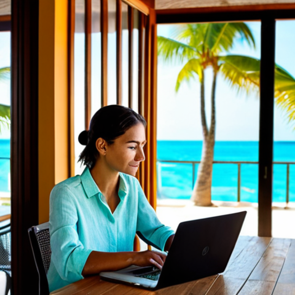 A professional female digital nomad, working diligently on her laptop. She wears a modest, light linen shirt and comfortable trousers, fully clothed, appropriate attire. She is seated at a small wooden table on a spacious outdoor balcony of a modern cafe overlooking a serene tropical beach with clear turquoise water and palm trees. Sunlight illuminates her workspace. The setting is peaceful and inspiring. High-resolution, professional photography, natural lighting, perfect anatomy, correct proportions, well-formed hands, proper finger count, natural body proportions, crisp focus, vibrant colors, safe for work, appropriate content, fully clothed, professional.