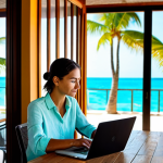 A professional female digital nomad, working diligently on her laptop. She wears a modest, light linen shirt and comfortable trousers, fully clothed, appropriate attire. She is seated at a small wooden table on a spacious outdoor balcony of a modern cafe overlooking a serene tropical beach with clear turquoise water and palm trees. Sunlight illuminates her workspace. The setting is peaceful and inspiring. High-resolution, professional photography, natural lighting, perfect anatomy, correct proportions, well-formed hands, proper finger count, natural body proportions, crisp focus, vibrant colors, safe for work, appropriate content, fully clothed, professional.