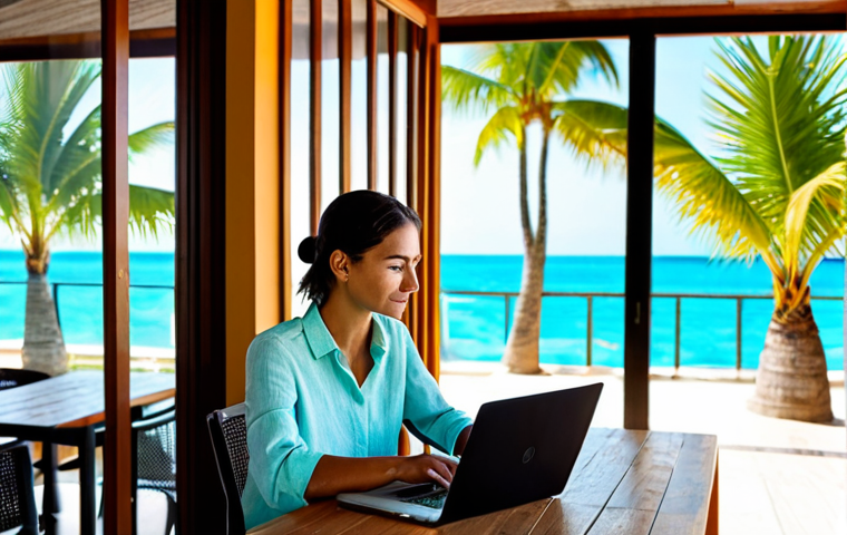 A professional female digital nomad, working diligently on her laptop. She wears a modest, light linen shirt and comfortable trousers, fully clothed, appropriate attire. She is seated at a small wooden table on a spacious outdoor balcony of a modern cafe overlooking a serene tropical beach with clear turquoise water and palm trees. Sunlight illuminates her workspace. The setting is peaceful and inspiring. High-resolution, professional photography, natural lighting, perfect anatomy, correct proportions, well-formed hands, proper finger count, natural body proportions, crisp focus, vibrant colors, safe for work, appropriate content, fully clothed, professional.