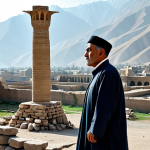 A professional historian, fully clothed in modest, traditional Central Asian scholarly attire, stands thoughtfully amidst the ancient stone ruins of a once-prosperous historical city in Afghanistan. Smoke subtly rises in the distant background, hinting at past destruction, while majestic mountains loom. The scene emphasizes the profound historical memory and loss, yet also the enduring presence of the land. Perfect anatomy, correct proportions, natural pose, well-formed hands, proper finger count, natural body proportions, professional photography, cinematic lighting, highly detailed, realistic, safe for work, appropriate content, family-friendly.