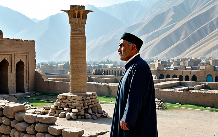 A professional historian, fully clothed in modest, traditional Central Asian scholarly attire, stands thoughtfully amidst the ancient stone ruins of a once-prosperous historical city in Afghanistan. Smoke subtly rises in the distant background, hinting at past destruction, while majestic mountains loom. The scene emphasizes the profound historical memory and loss, yet also the enduring presence of the land. Perfect anatomy, correct proportions, natural pose, well-formed hands, proper finger count, natural body proportions, professional photography, cinematic lighting, highly detailed, realistic, safe for work, appropriate content, family-friendly.