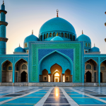 A breathtaking wide shot of the Blue Mosque (Shrine of Hazrat Ali) in Mazar-i-Sharif, Afghanistan, at sunset. The mosque features countless intricate turquoise and deep blue ceramic tiles, forming complex geometric patterns and elegant Arabic calligraphy across its multiple domes and towering minarets. Golden hour sunlight bathes the entire structure, highlighting the vibrant azure hues and creating a serene, almost ethereal glow. A few white pigeons gently circle above the complex, adding to the tranquil atmosphere. The scene is captured with professional photography, showcasing stunning detail, high resolution, and vibrant colors. safe for work, appropriate content, fully clothed, modest, perfect anatomy, correct proportions, natural pose, well-formed hands, proper finger count, natural body proportions.