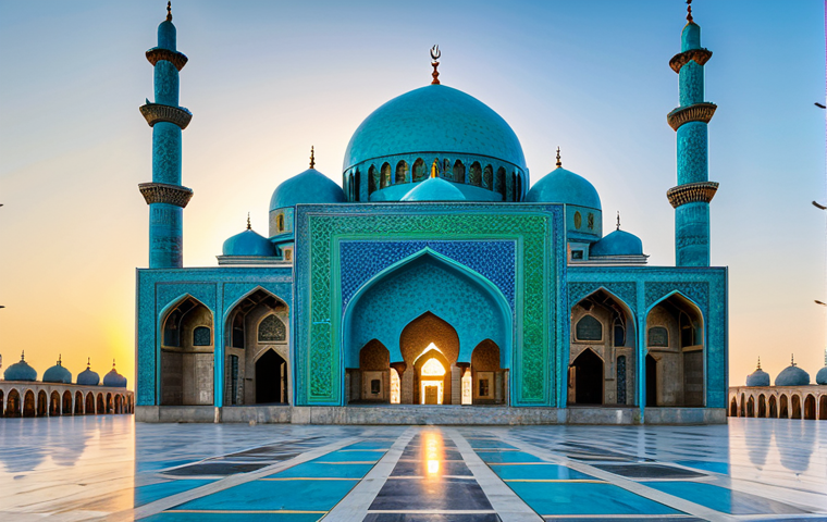 A breathtaking wide shot of the Blue Mosque (Shrine of Hazrat Ali) in Mazar-i-Sharif, Afghanistan, at sunset. The mosque features countless intricate turquoise and deep blue ceramic tiles, forming complex geometric patterns and elegant Arabic calligraphy across its multiple domes and towering minarets. Golden hour sunlight bathes the entire structure, highlighting the vibrant azure hues and creating a serene, almost ethereal glow. A few white pigeons gently circle above the complex, adding to the tranquil atmosphere. The scene is captured with professional photography, showcasing stunning detail, high resolution, and vibrant colors. safe for work, appropriate content, fully clothed, modest, perfect anatomy, correct proportions, natural pose, well-formed hands, proper finger count, natural body proportions.