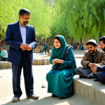 A diverse group of Afghan families, including children and adults of various ages, smiling and engaged in a family-friendly activity at the Kabul Zoo. They are respectfully observing playful monkeys in a spacious, well-maintained enclosure, with a vibrant peacock nearby displaying its feathers. All individuals are fully clothed in modest, contemporary attire suitable for a public park setting. The scene is set within the lush, green grounds of the Kabul Zoo, bathed in soft, natural sunlight. This image evokes a sense of hope, community, and peace. Professional photography, high resolution, realistic rendering, perfect anatomy, correct proportions, natural poses, well-formed hands, proper finger count, natural body proportions, safe for work, appropriate content, fully clothed, family-friendly.
