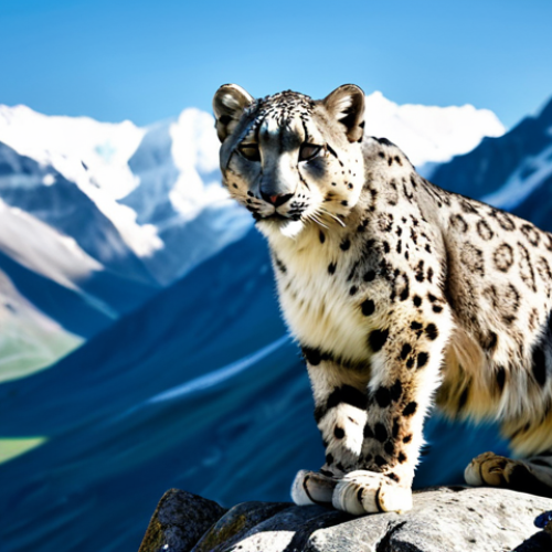 A majestic snow leopard (irbis) in its natural habitat, perched gracefully on a rugged rock face in the high-altitude Hindu Kush mountains. Lush green alpine meadows are visible in the mid-ground, with pristine glaciers and snow-capped peaks forming a breathtaking backdrop under a clear, crisp sky. The scene captures the wild, untouched beauty and vastness of the region. Professional photography, natural lighting, perfect anatomy, correct proportions, well-formed, natural body proportions, realistic details, high resolution, safe for work, appropriate content, family-friendly, professional image.