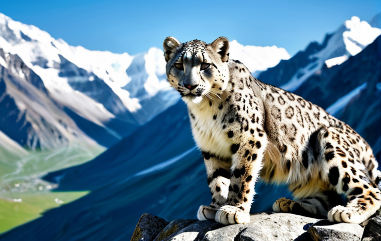 A majestic snow leopard (irbis) in its natural habitat, perched gracefully on a rugged rock face in the high-altitude Hindu Kush mountains. Lush green alpine meadows are visible in the mid-ground, with pristine glaciers and snow-capped peaks forming a breathtaking backdrop under a clear, crisp sky. The scene captures the wild, untouched beauty and vastness of the region. Professional photography, natural lighting, perfect anatomy, correct proportions, well-formed, natural body proportions, realistic details, high resolution, safe for work, appropriate content, family-friendly, professional image.