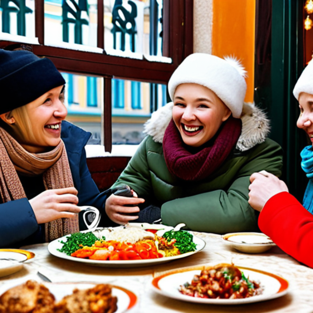 여행 안전 주의사항 - **

A group of friends laughing and sharing a meal at a traditional Russian restaurant in Moscow. Th...