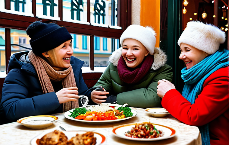 여행 안전 주의사항 - **

A group of friends laughing and sharing a meal at a traditional Russian restaurant in Moscow. Th...