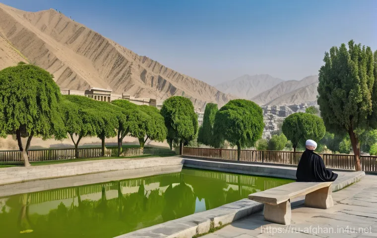 카불 관광 명소 - **A Serene Morning in Babur's Gardens, Kabul**
    "A breathtaking wide shot of the terraced Gardens...