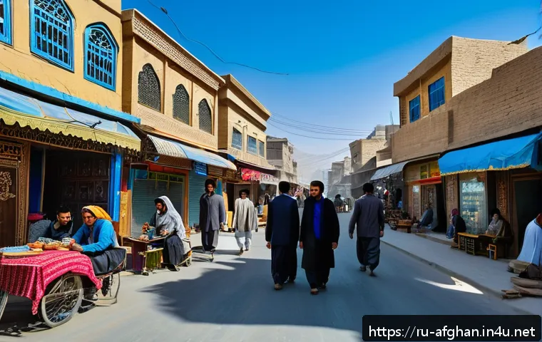 아프가니스탄의 희망적인 변화 - A bustling street scene in Kabul showcasing a vibrant small business district with numerous cafes an...