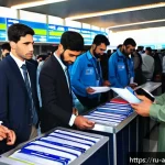 Home 23 카불 국제공항 이용법 - A detailed scene inside Kabul International Airport showing a diverse group of travelers going throu...