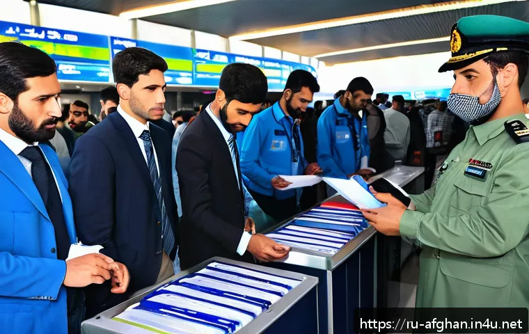 카불 국제공항 이용법 - A detailed scene inside Kabul International Airport showing a diverse group of travelers going throu...