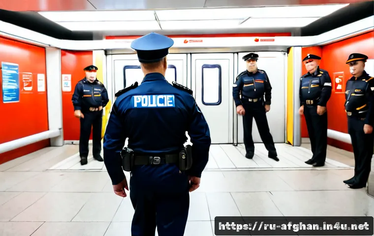 테러와 치안 문제 - Photorealistic Moscow metro station security scene, two uniformed police officers calmly monitoring ...